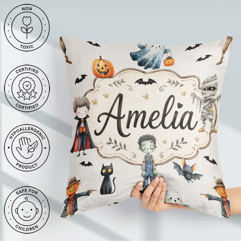Custom Name Halloween Zombie Mummy Vampire Bat Spooky Light Grey Square Filled Cushion Throw Pillow Sofa Bed Home Decor Zip Washable UK Made