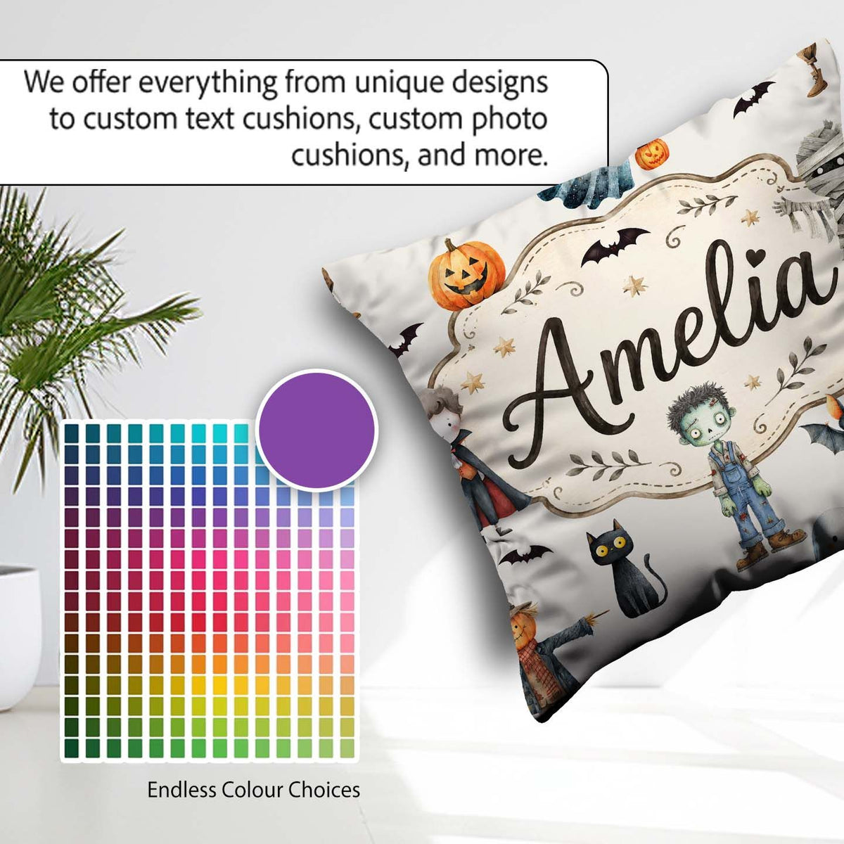 Custom Name Halloween Zombie Mummy Vampire Bat Spooky Light Grey Square Filled Cushion Throw Pillow Sofa Bed Home Decor Zip Washable UK Made