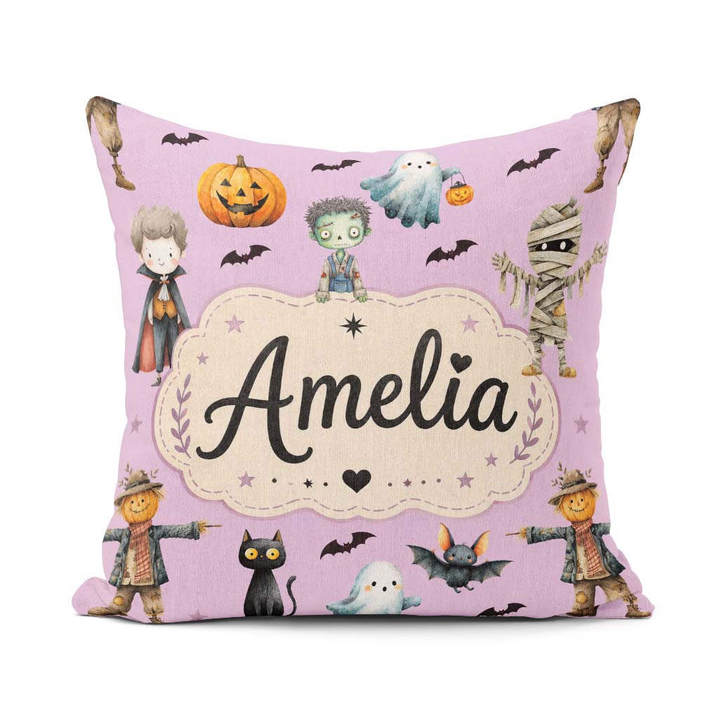 Custom Name Halloween Zombie Mummy Vampire Spooky Purple Pattern Square Filled Cushion Throw Pillow Sofa Bed Home Decor Zip Washable UK Made