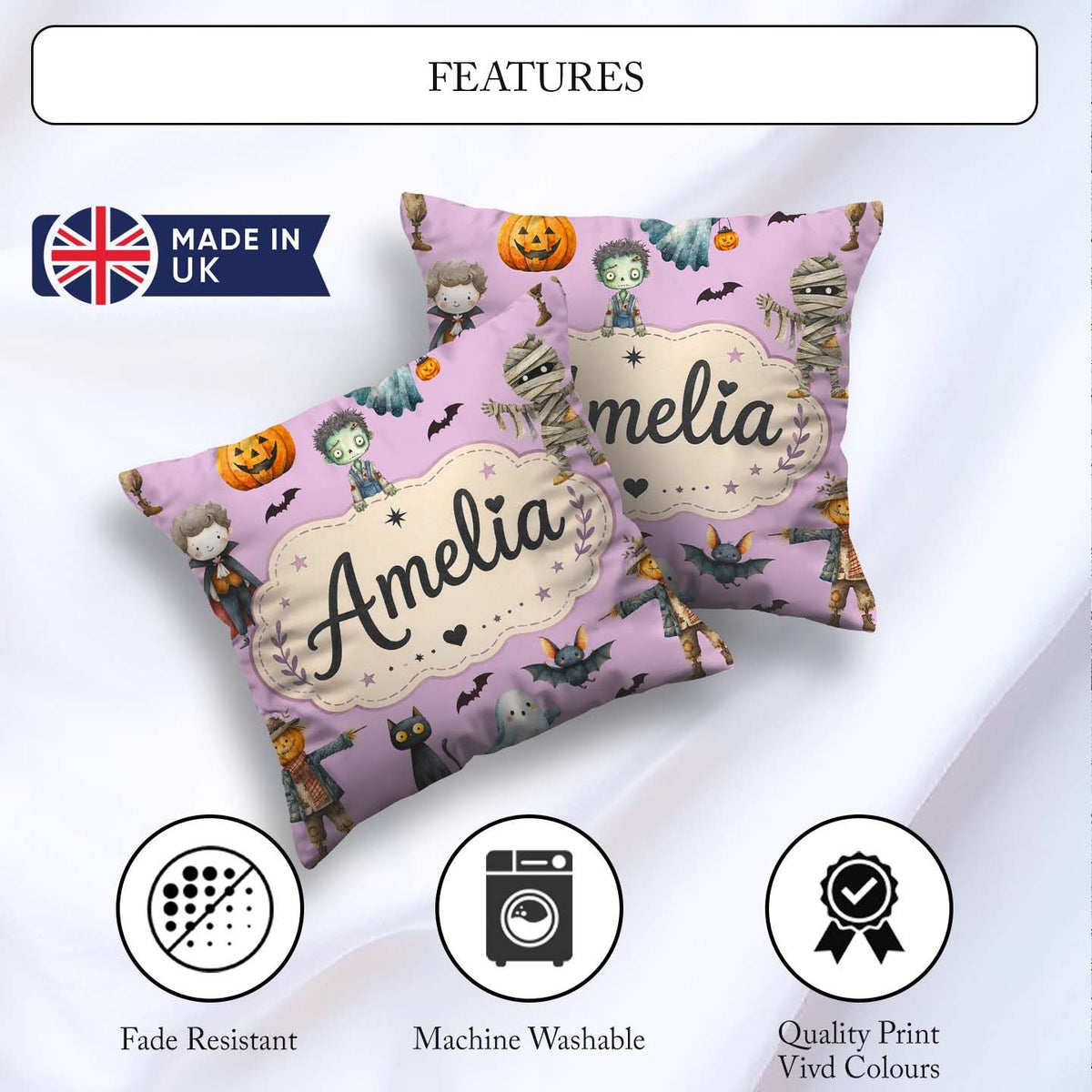 Custom Name Halloween Zombie Mummy Vampire Spooky Purple Pattern Square Filled Cushion Throw Pillow Sofa Bed Home Decor Zip Washable UK Made