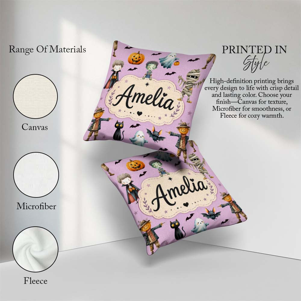 Custom Name Halloween Zombie Mummy Vampire Spooky Purple Pattern Square Filled Cushion Throw Pillow Sofa Bed Home Decor Zip Washable UK Made