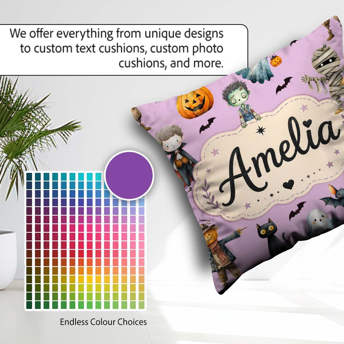 Custom Name Halloween Zombie Mummy Vampire Spooky Purple Pattern Square Filled Cushion Throw Pillow Sofa Bed Home Decor Zip Washable UK Made