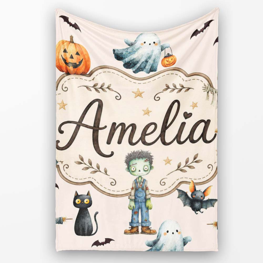 Halloween Zombie Mummy Vampire Bat Spooky Neutral Seamless Pattern  Personalised Custom Name Super Soft Fleece Blanket Bed Sofa Throw