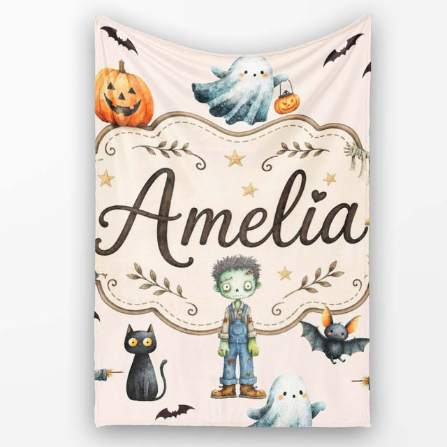 Halloween Zombie Mummy Vampire Bat Spooky Neutral Seamless Pattern  Personalised Custom Name Super Soft Fleece Blanket Bed Sofa Throw