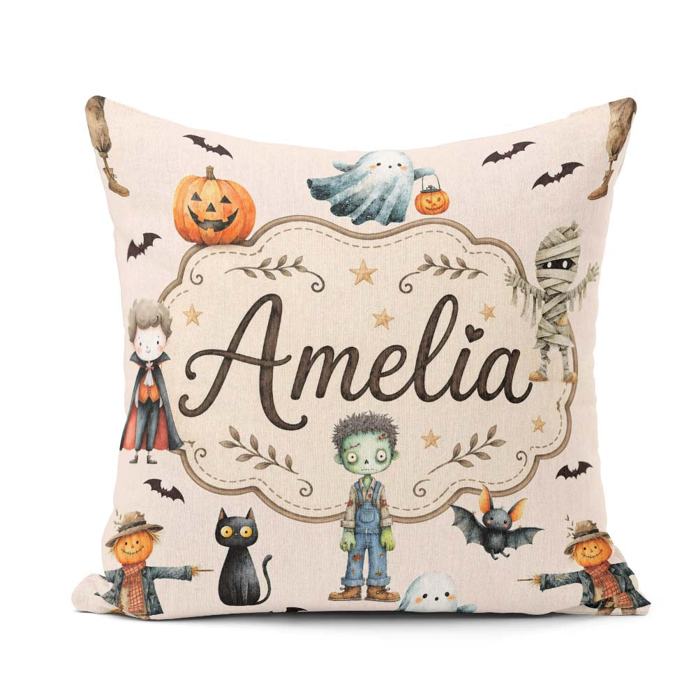 Custom Name Halloween Zombie Vampire Bat Spooky Neutral Seamless Square Filled Cushion Throw Pillow Sofa Bed Home Decor Zip Washable UK Made