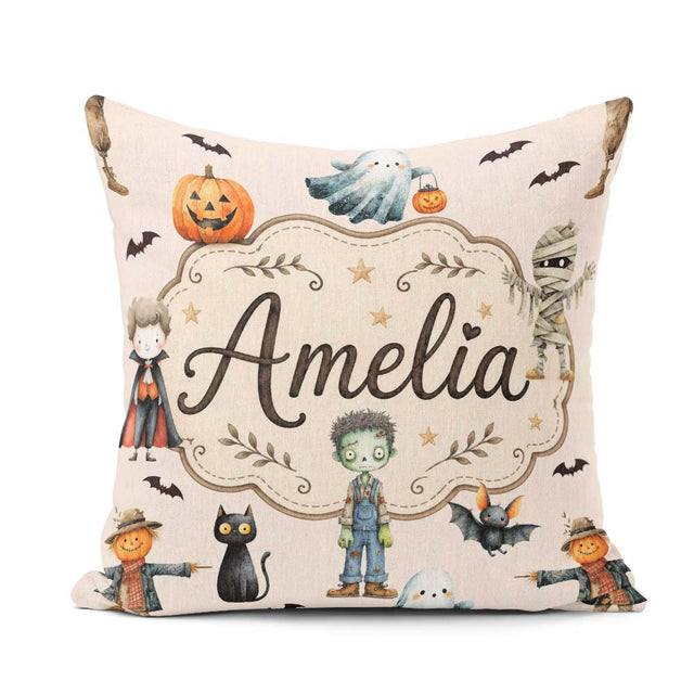 Custom Name Halloween Zombie Vampire Bat Spooky Neutral Seamless Square Filled Cushion Throw Pillow Sofa Bed Home Decor Zip Washable UK Made