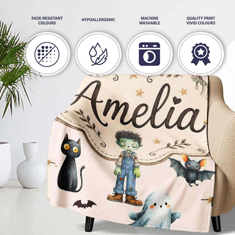 Halloween Zombie Mummy Vampire Bat Spooky Neutral Seamless Pattern  Personalised Custom Name Super Soft Fleece Blanket Bed Sofa Throw