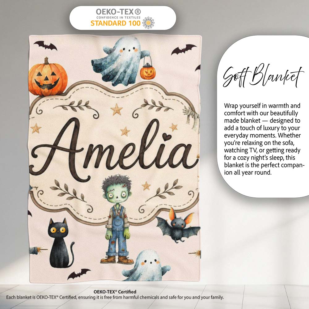 Halloween Zombie Mummy Vampire Bat Spooky Neutral Seamless Pattern  Personalised Custom Name Super Soft Fleece Blanket Bed Sofa Throw