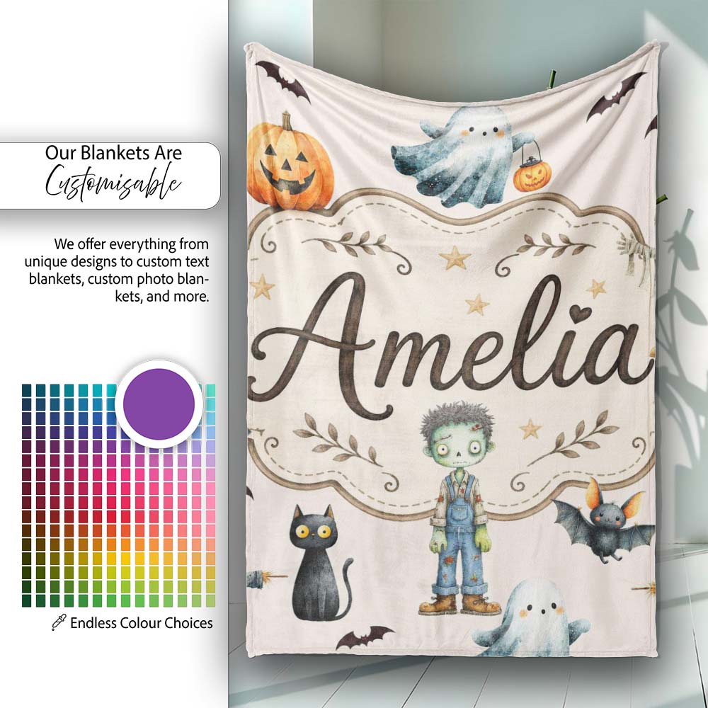 Halloween Zombie Mummy Vampire Bat Spooky Neutral Seamless Pattern  Personalised Custom Name Super Soft Fleece Blanket Bed Sofa Throw