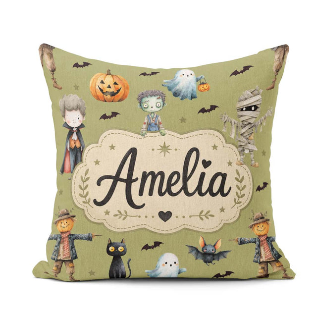 Custom Name Halloween Zombie Mummy Vampire Spooky Olive Seamless Square Filled Cushion Throw Pillow Sofa Bed Home Decor Zip Washable UK Made