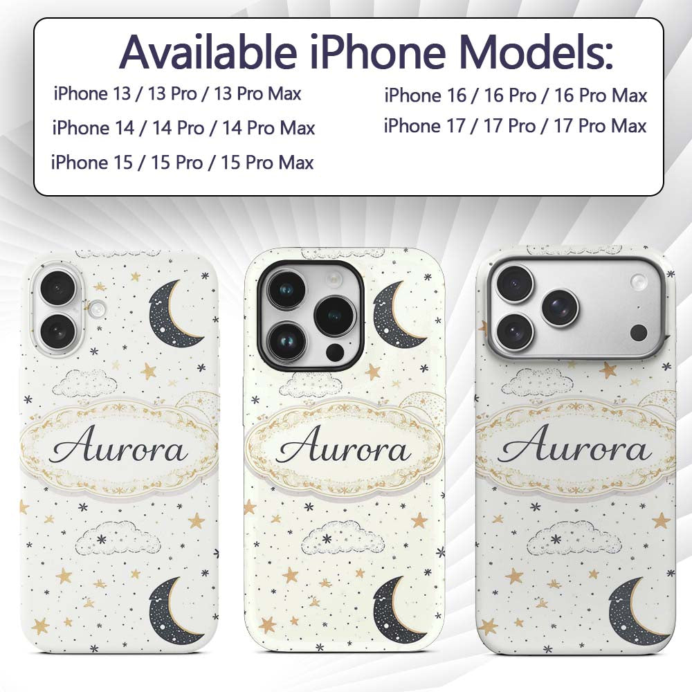 Cute Moon Stars Clouds Nursery Neutral Seamless Custom Name Protective Phone Case Mobile Cover Durable Everyday Smartphone Shock Resistant