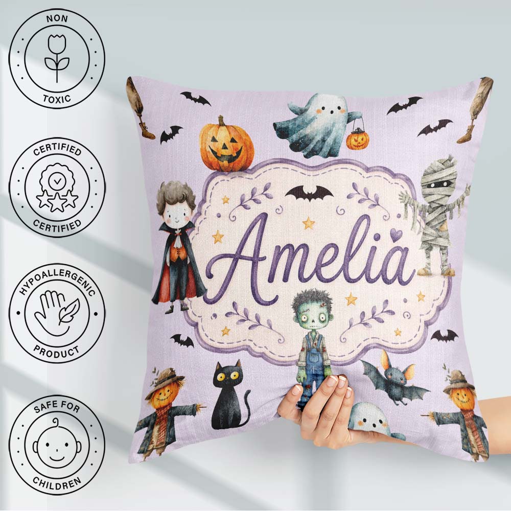 Custom Name Halloween Zombie Mummy Vampire Spooky Lilac Seamless Square Filled Cushion Throw Pillow Sofa Bed Home Decor Zip Washable UK Made