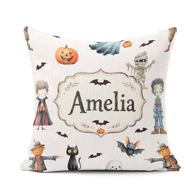 Custom Name Halloween Zombie Mummy Vampire Bat Spooky Light Grey Square Filled Cushion Throw Pillow Sofa Bed Home Decor Zip Washable UK Made