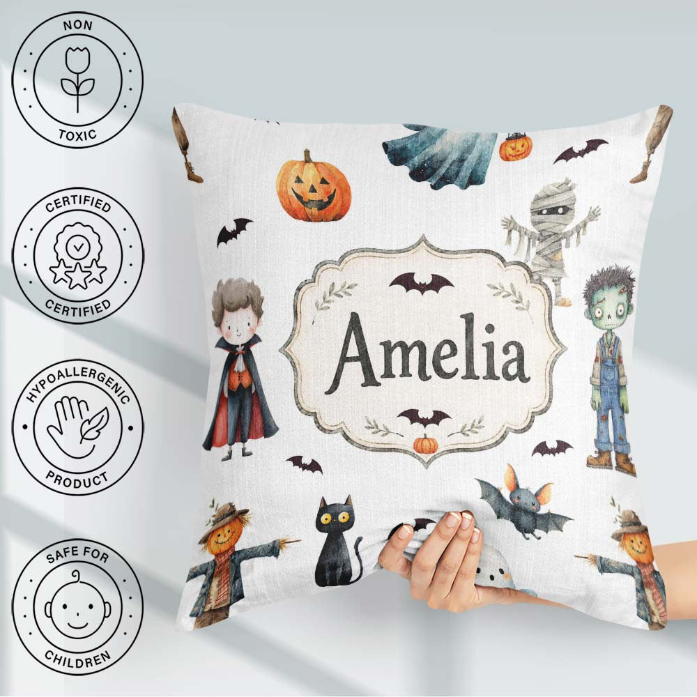 Custom Name Halloween Zombie Mummy Vampire Bat Spooky Light Grey Square Filled Cushion Throw Pillow Sofa Bed Home Decor Zip Washable UK Made