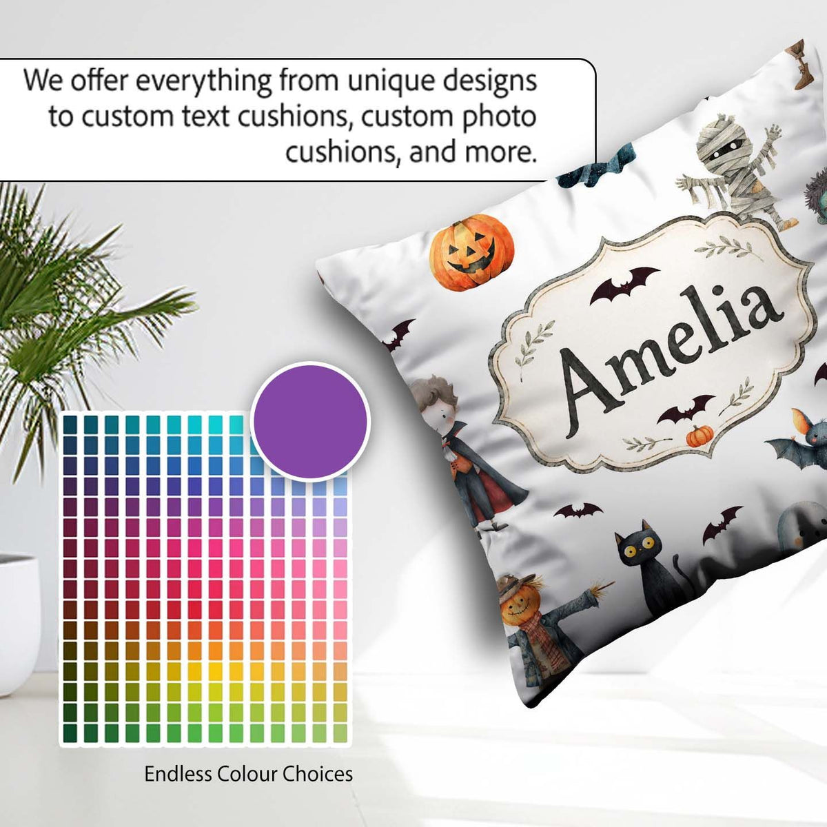 Custom Name Halloween Zombie Mummy Vampire Bat Spooky Light Grey Square Filled Cushion Throw Pillow Sofa Bed Home Decor Zip Washable UK Made