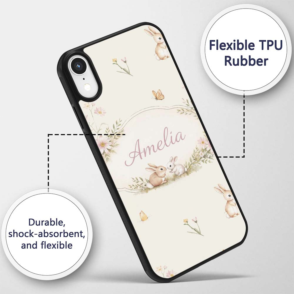 Watercolor Bunny Floral Meadow Seamless Pattern Custom Name Protective Phone Case Mobile Cover Durable Everyday Smartphone Shock Resistant
