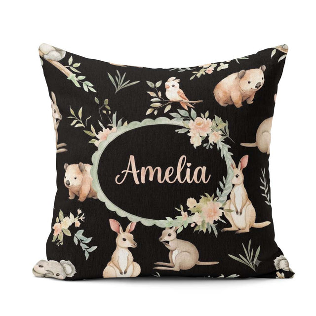 Custom Name Woodland Animals Koala Kangaroo Bear Floral Seamless Square Filled Cushion Throw Pillow Sofa Bed Home Decor Zip Washable UK Made