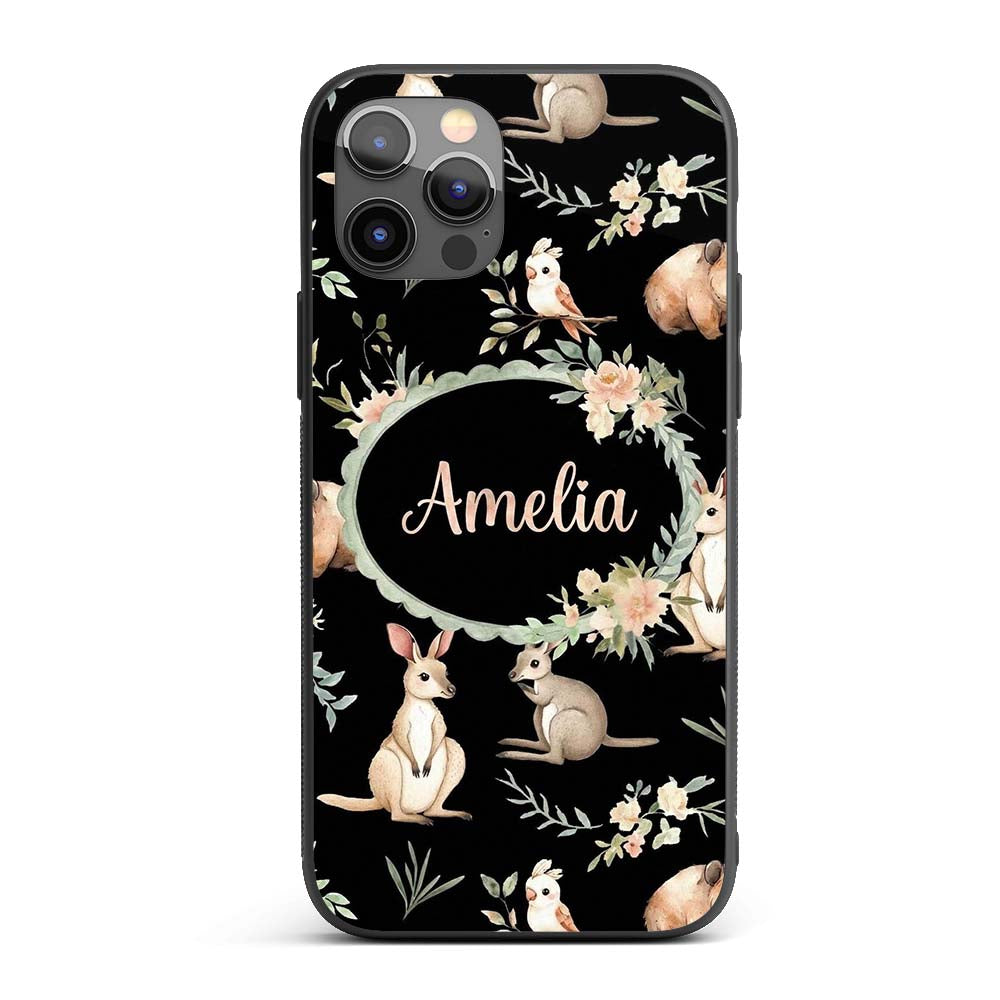 Woodland Animals Koala Kangaroo Bear Floral Black Custom Name Protective Phone Case Mobile Cover Durable Everyday Smartphone Shock Resistant