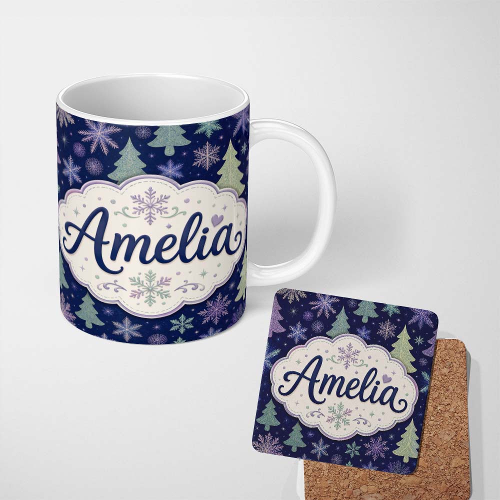 Personalized Custom Name Elegant Winter Snowflakes and Christmas Trees Dark Blue Seamless 11oz Ceramic Coffee Tea Mug White Large Handle