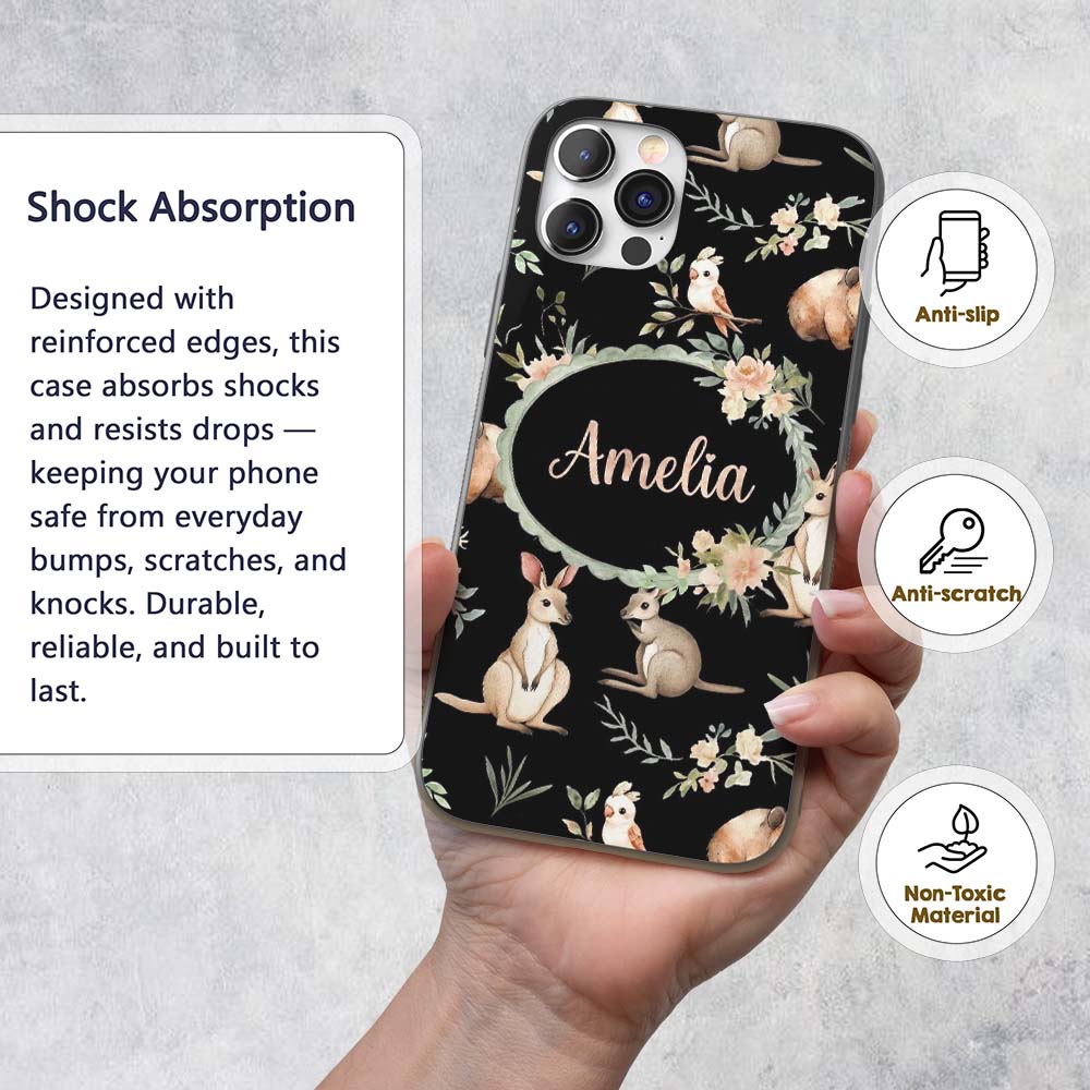 Woodland Animals Koala Kangaroo Bear Floral Black Custom Name Protective Phone Case Mobile Cover Durable Everyday Smartphone Shock Resistant