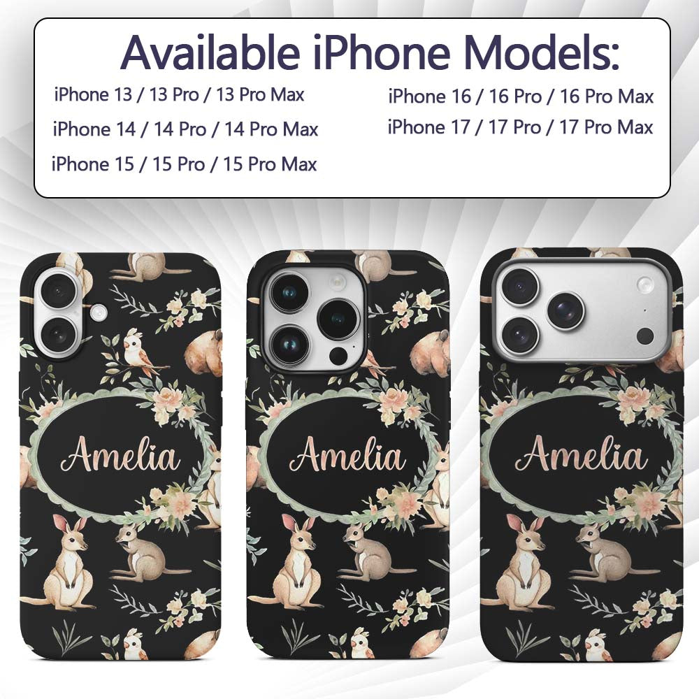 Woodland Animals Koala Kangaroo Bear Floral Black Custom Name Protective Phone Case Mobile Cover Durable Everyday Smartphone Shock Resistant