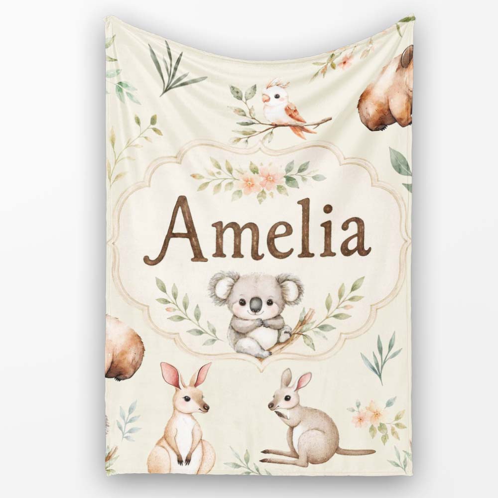 Woodland Animals Koala Kangaroo Bear Floral Sage Green Seamless  Personalised Custom Name Super Soft Fleece Blanket Bed Sofa Throw