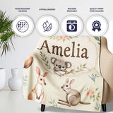Woodland Animals Koala Kangaroo Bear Floral Sage Green Seamless  Personalised Custom Name Super Soft Fleece Blanket Bed Sofa Throw