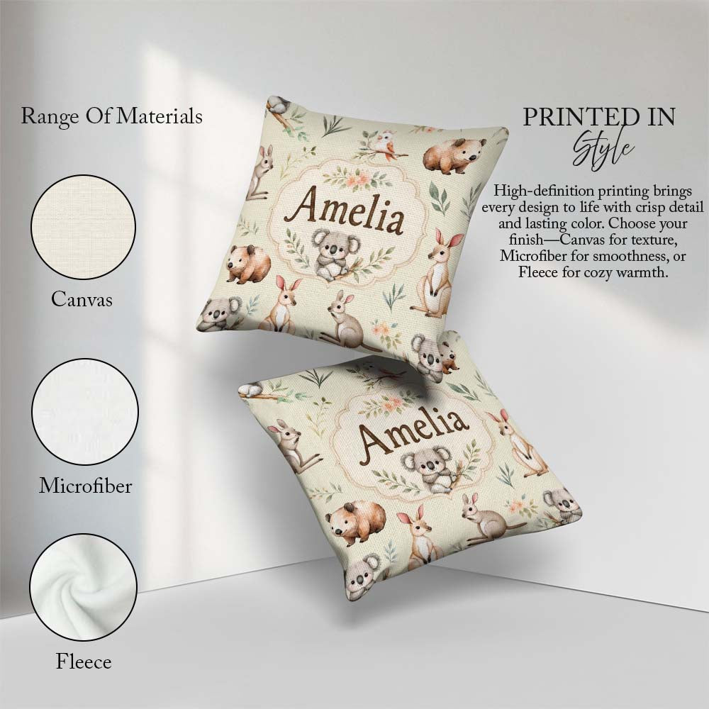 Custom Name Woodland Animals Koala Kangaroo Bear Floral Seamless Square Filled Cushion Throw Pillow Sofa Bed Home Decor Zip Washable UK Made