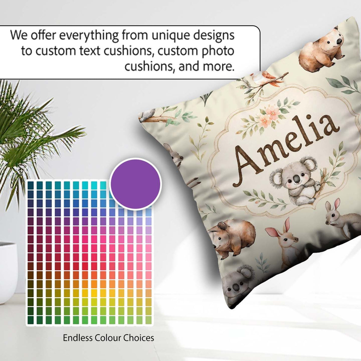 Custom Name Woodland Animals Koala Kangaroo Bear Floral Seamless Square Filled Cushion Throw Pillow Sofa Bed Home Decor Zip Washable UK Made
