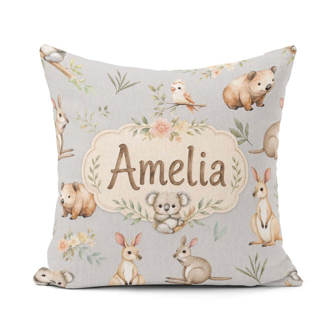 Custom Name Woodland Animals Koala Kangaroo Bear Floral Seamless Square Filled Cushion Throw Pillow Sofa Bed Home Decor Zip Washable UK Made