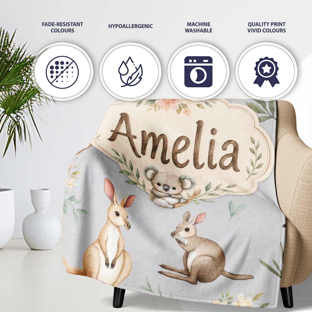 Woodland Animals Koala Kangaroo Bear Floral Soft Grey Seamless  Personalised Custom Name Super Soft Fleece Blanket Bed Sofa Throw
