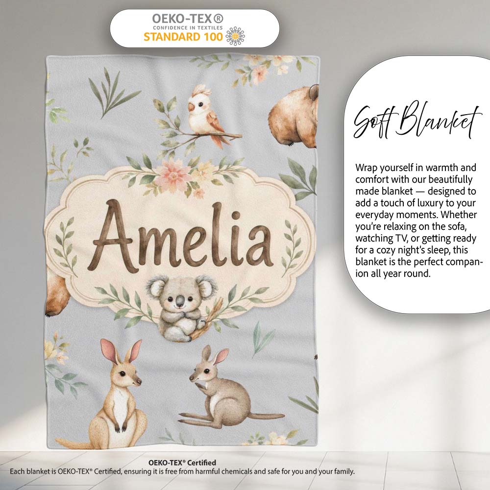 Woodland Animals Koala Kangaroo Bear Floral Soft Grey Seamless  Personalised Custom Name Super Soft Fleece Blanket Bed Sofa Throw
