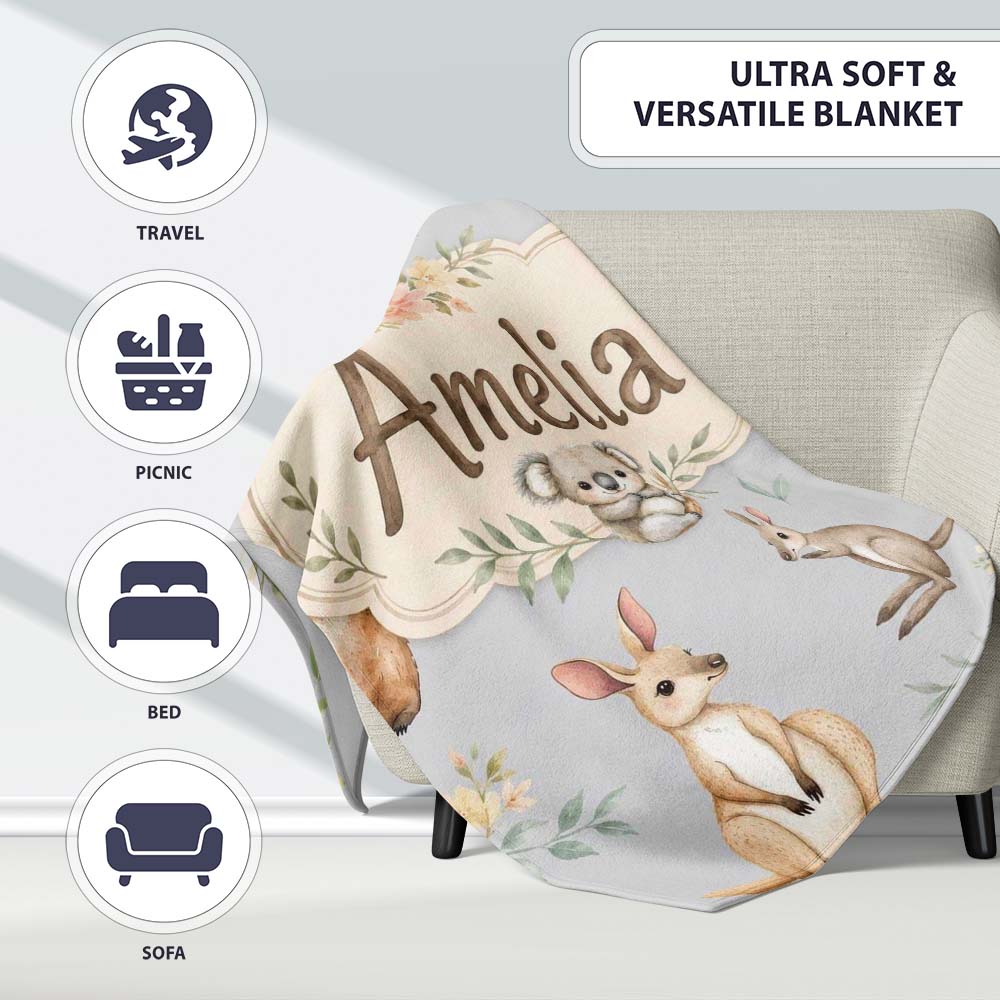 Woodland Animals Koala Kangaroo Bear Floral Soft Grey Seamless  Personalised Custom Name Super Soft Fleece Blanket Bed Sofa Throw