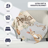 Woodland Animals Koala Kangaroo Bear Floral Soft Grey Seamless  Personalised Custom Name Super Soft Fleece Blanket Bed Sofa Throw