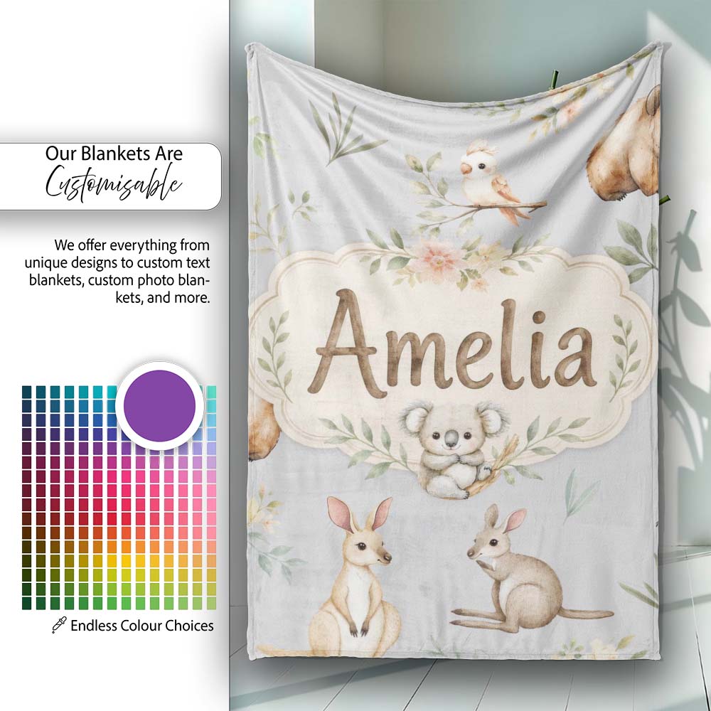 Woodland Animals Koala Kangaroo Bear Floral Soft Grey Seamless  Personalised Custom Name Super Soft Fleece Blanket Bed Sofa Throw