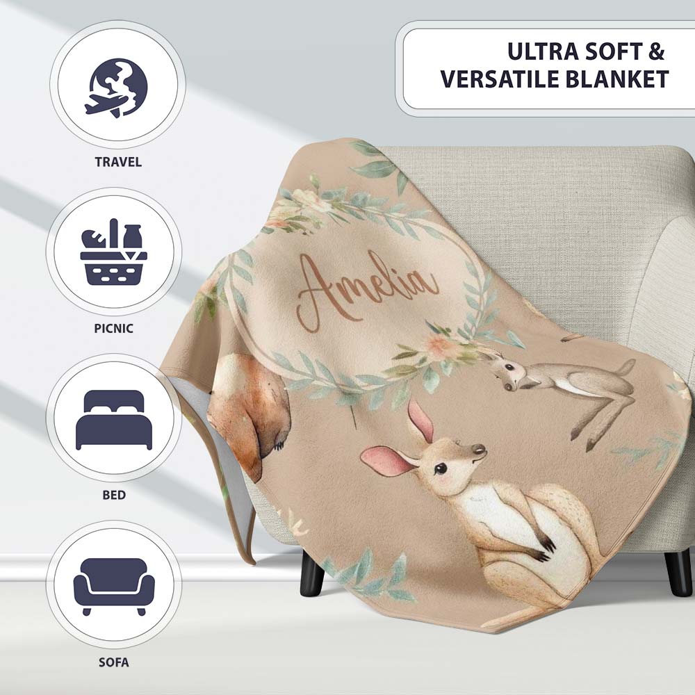 Woodland Animals Koala Kangaroo Bear Floral Warm Taupe Seamless  Personalised Custom Name Super Soft Fleece Blanket Bed Sofa Throw