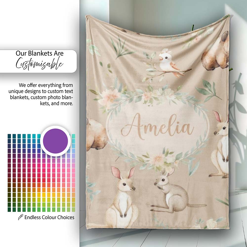 Woodland Animals Koala Kangaroo Bear Floral Warm Taupe Seamless  Personalised Custom Name Super Soft Fleece Blanket Bed Sofa Throw