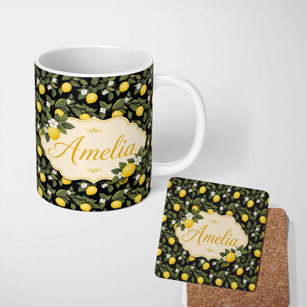 Personalized Custom Name Detailed Lemon Branches on Black Background Vintage Botanical Lovely 11oz Ceramic Coffee Tea Mug White Large Handle