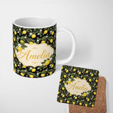 Personalized Custom Name Detailed Lemon Branches on Black Background Vintage Botanical Lovely 11oz Ceramic Coffee Tea Mug White Large Handle