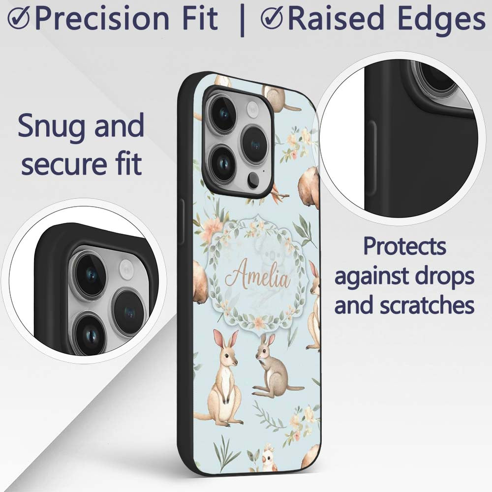 Woodland Animals Koala Kangaroo Bear Floral Dusty Custom Name Protective Phone Case Mobile Cover Durable Everyday Smartphone Shock Resistant