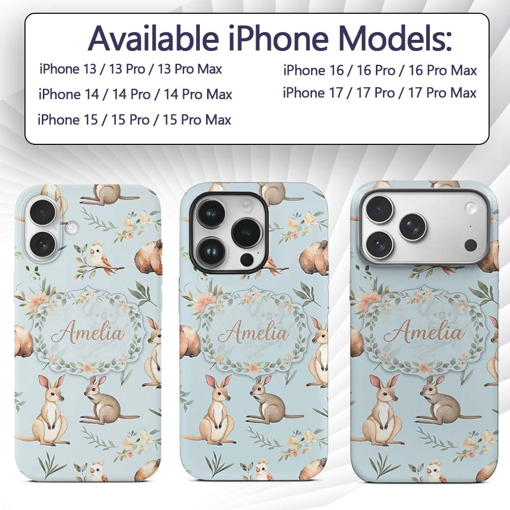 Woodland Animals Koala Kangaroo Bear Floral Dusty Custom Name Protective Phone Case Mobile Cover Durable Everyday Smartphone Shock Resistant