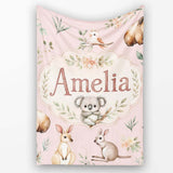 Woodland Animals Koala Kangaroo Bear Floral Blush Pink Seamless  Personalised Custom Name Super Soft Fleece Blanket Bed Sofa Throw
