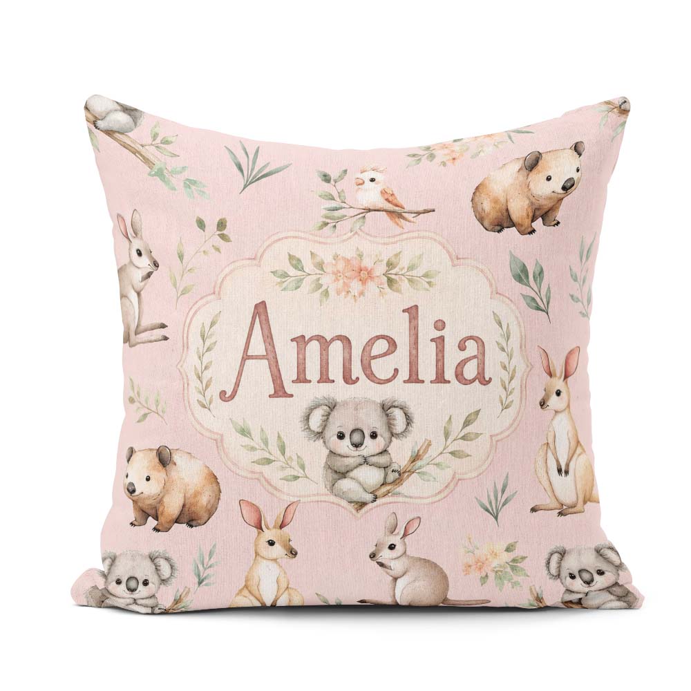 Custom Name Woodland Animals Koala Kangaroo Bear Floral Seamless Square Filled Cushion Throw Pillow Sofa Bed Home Decor Zip Washable UK Made