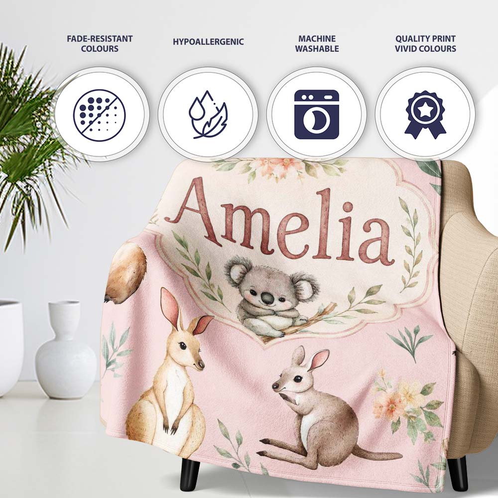 Woodland Animals Koala Kangaroo Bear Floral Blush Pink Seamless  Personalised Custom Name Super Soft Fleece Blanket Bed Sofa Throw