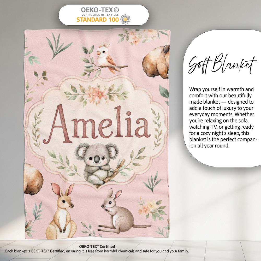 Woodland Animals Koala Kangaroo Bear Floral Blush Pink Seamless  Personalised Custom Name Super Soft Fleece Blanket Bed Sofa Throw