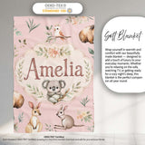 Woodland Animals Koala Kangaroo Bear Floral Blush Pink Seamless  Personalised Custom Name Super Soft Fleece Blanket Bed Sofa Throw