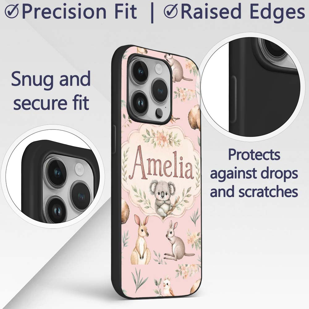 Woodland Animals Koala Kangaroo Bear Floral Blush Custom Name Protective Phone Case Mobile Cover Durable Everyday Smartphone Shock Resistant