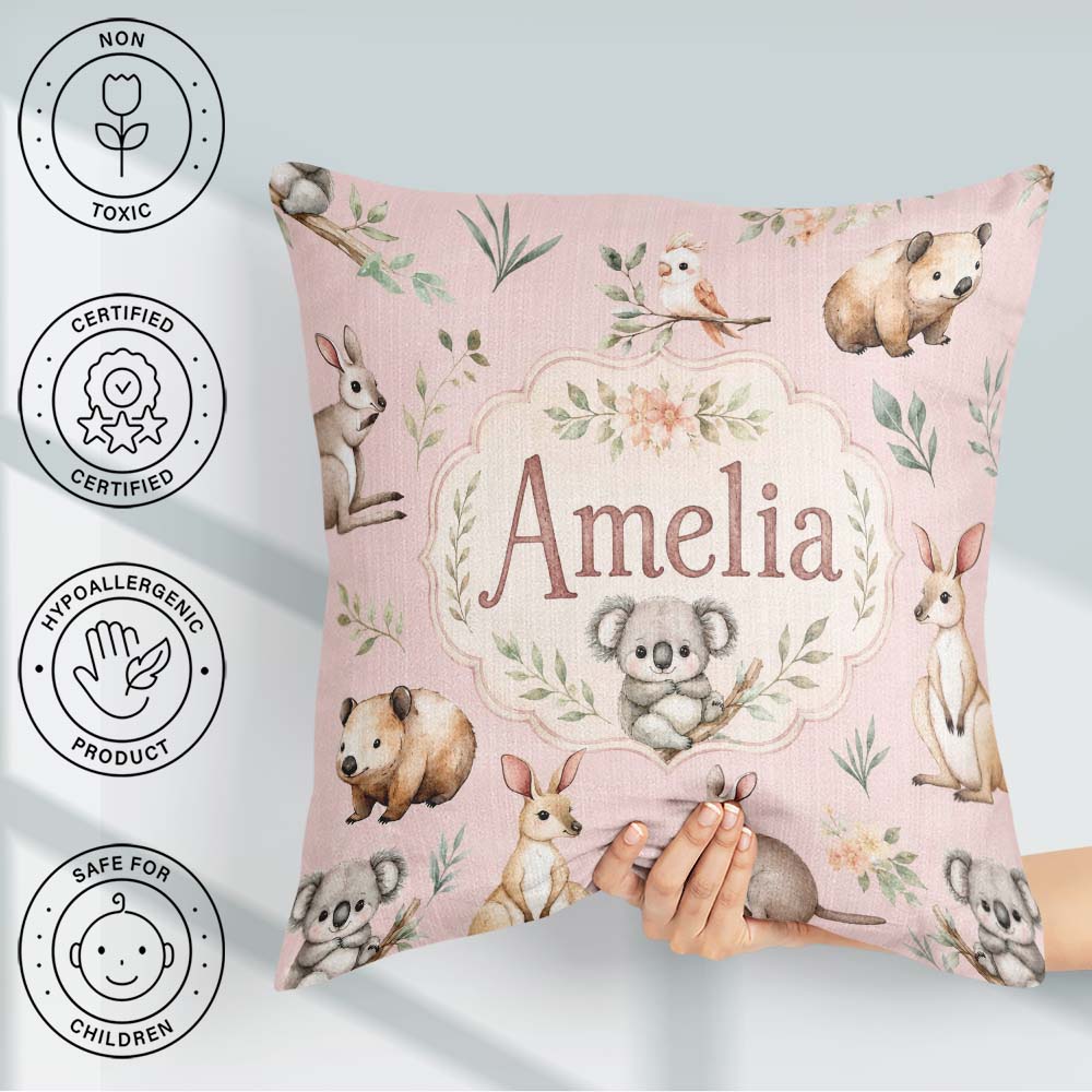 Custom Name Woodland Animals Koala Kangaroo Bear Floral Seamless Square Filled Cushion Throw Pillow Sofa Bed Home Decor Zip Washable UK Made