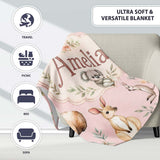 Woodland Animals Koala Kangaroo Bear Floral Blush Pink Seamless  Personalised Custom Name Super Soft Fleece Blanket Bed Sofa Throw
