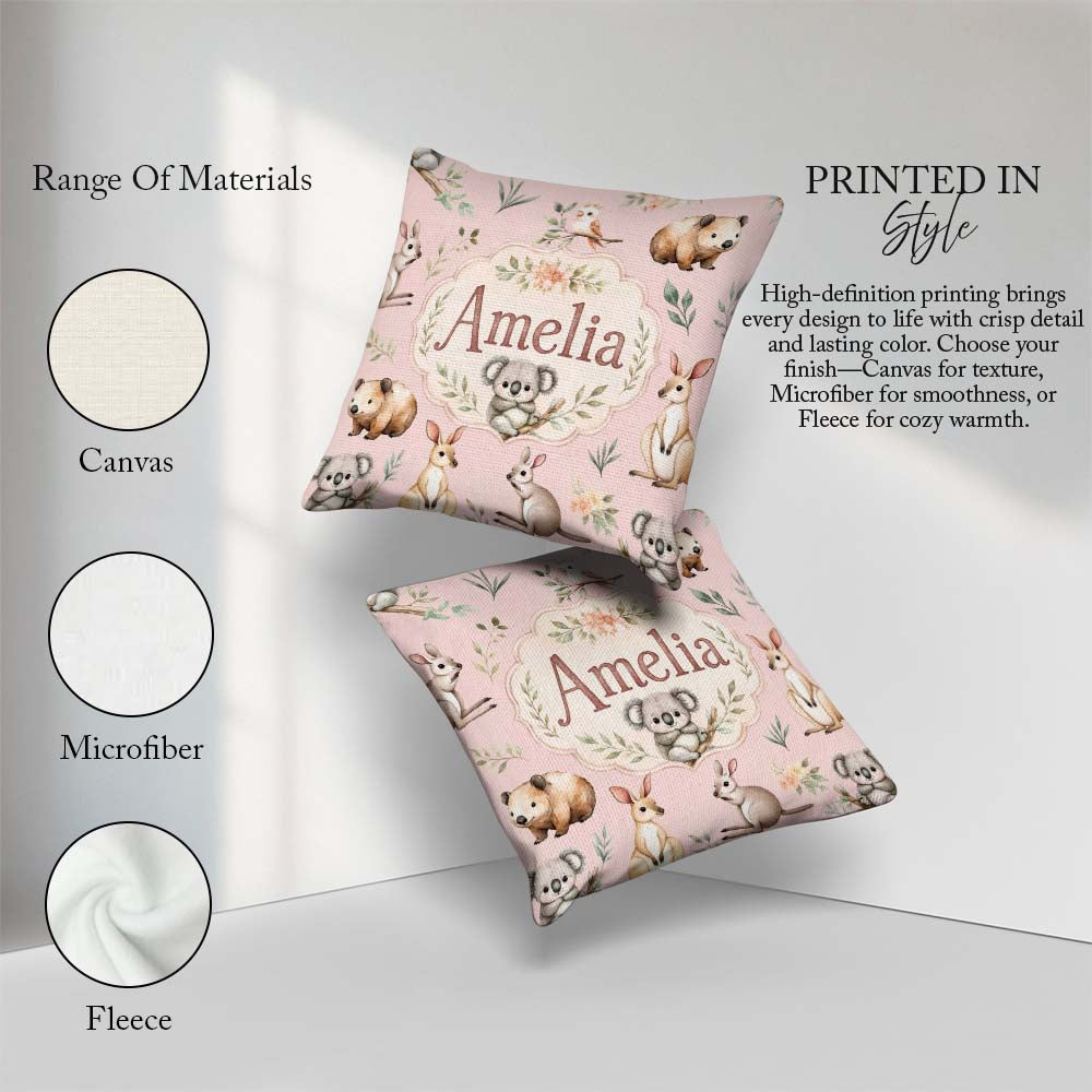 Custom Name Woodland Animals Koala Kangaroo Bear Floral Seamless Square Filled Cushion Throw Pillow Sofa Bed Home Decor Zip Washable UK Made